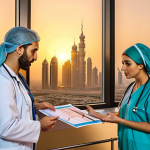 **

"A bustling hospital scene in Dubai at sunset. Doctors and nurses in scrubs, some with stethoscopes, consult near a patient's chart. Warm lighting, reflecting the city's modern architecture. Depict the collaborative spirit and challenging environment of healthcare professionals in the UAE."

**