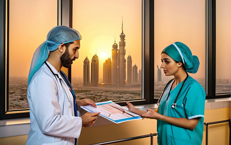 **
"A bustling hospital scene in Dubai at sunset. Doctors and nurses in scrubs, some with stethoscopes, consult near a patient's chart. Warm lighting, reflecting the city's modern architecture. Depict the collaborative spirit and challenging environment of healthcare professionals in the UAE."
**