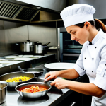 A focused female chef in a clean, professional chef's uniform, confidently preparing a gourmet dish in a bustling, modern kitchen environment. She holds a knife with precision, showcasing skill and passion. The kitchen is bright, with gleaming stainless steel surfaces and fresh ingredients. The atmosphere is dynamic and professional. This image is safe for work, appropriate content, fully clothed, professional, perfect anatomy, correct proportions, well-formed hands, proper finger count, natural body proportions, high quality photography.