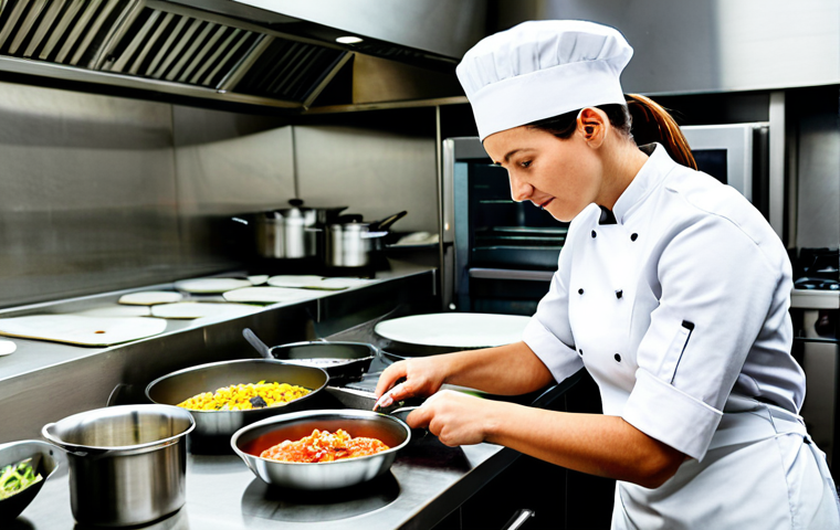A focused female chef in a clean, professional chef's uniform, confidently preparing a gourmet dish in a bustling, modern kitchen environment. She holds a knife with precision, showcasing skill and passion. The kitchen is bright, with gleaming stainless steel surfaces and fresh ingredients. The atmosphere is dynamic and professional. This image is safe for work, appropriate content, fully clothed, professional, perfect anatomy, correct proportions, well-formed hands, proper finger count, natural body proportions, high quality photography.