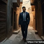 드라마  검사외전  원작 소설과의 유사점 - A dramatic scene set in a narrow, dimly lit urban alleyway in a Middle Eastern city at dusk, featuri...