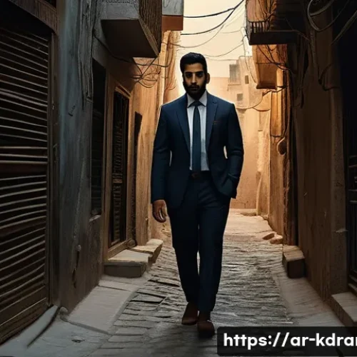 드라마  검사외전  원작 소설과의 유사점 - A dramatic scene set in a narrow, dimly lit urban alleyway in a Middle Eastern city at dusk, featuri...