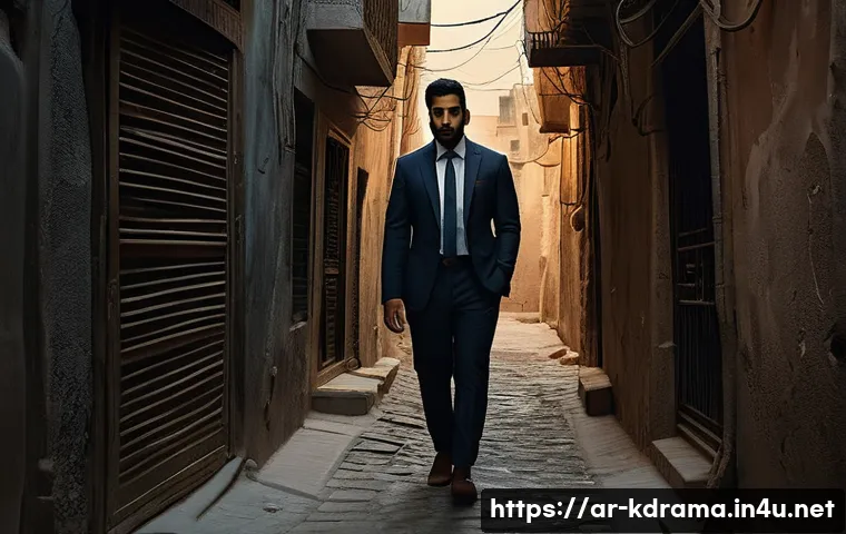 드라마  검사외전  원작 소설과의 유사점 - A dramatic scene set in a narrow, dimly lit urban alleyway in a Middle Eastern city at dusk, featuri...