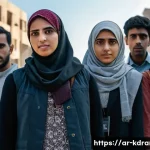 드라마  지금 우리 학교는  좀비물의 차별화 - A diverse group of young Arabic students and teachers, dressed modestly and in casual clothing with ...