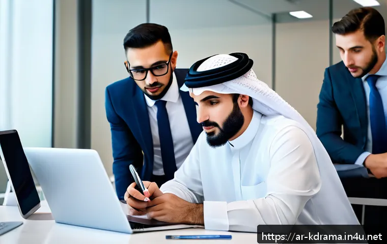 드라마  나쁜 녀석들  범죄자 팀플레이의 매력 - A diverse team of Middle Eastern professionals collaborating in a modern office setting, showcasing ...